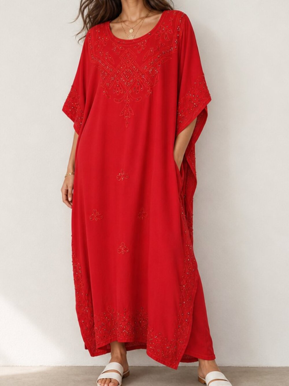 Sante Classics Vintage Red Boho Hippie Beaded  Embroidered Kaftan Dress One Size